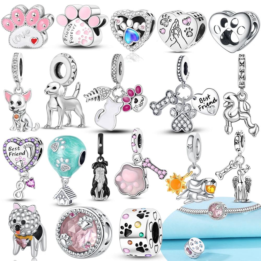 Original 925 Silver Bracelet Women Jewelry Diy Childish Fine Gift Charms Beads Pink Claw Bones Running Dog Pendant Heart Beads