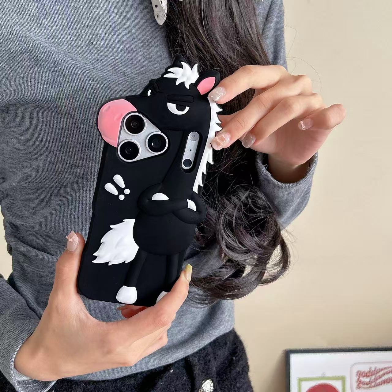 

Cute 3D Unicorn Horse Soft Silicone Phone Case For iPhone 17 16 Plus 15 14 13 Pro Max Funny Cartoon Shockproof Back Cover iPhone 16 чорний