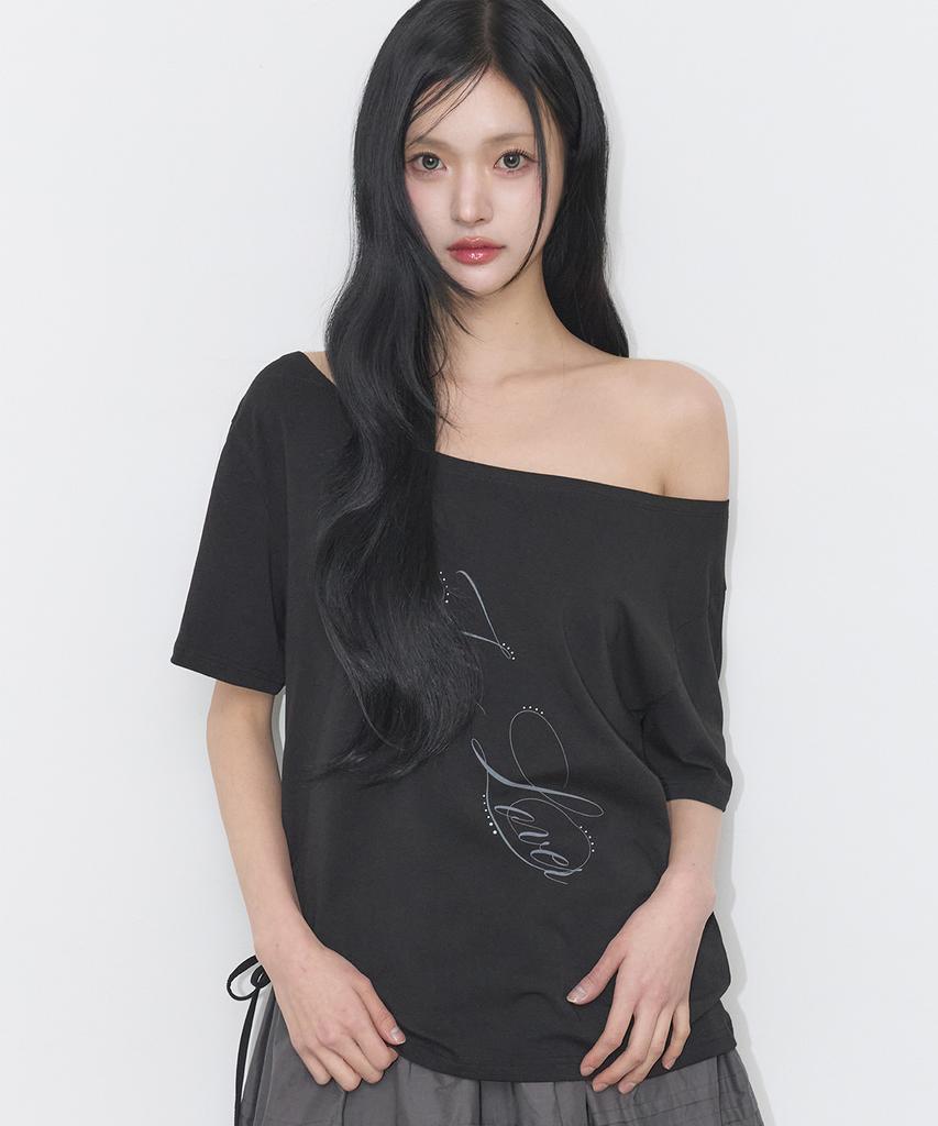 ILLIGO Ribbon String Off-Shoulder T-Shirt Black