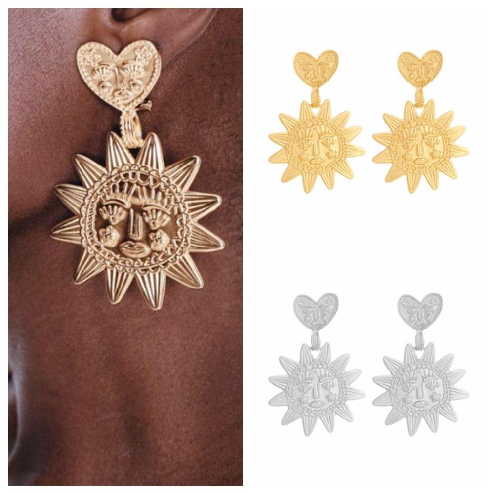 Elegant Mental Heart Sun Dangel Earring Banquet Ear Stud Face Sunflower Earrings  Party