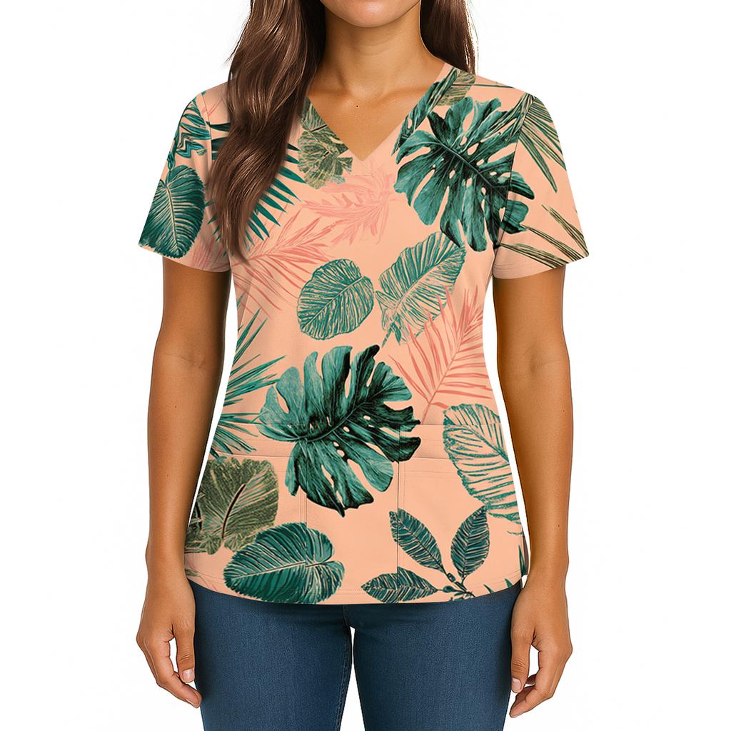 Women's Hawaiian Print V-Neck Double Pocket Short Sleeve Uniform/ Top
