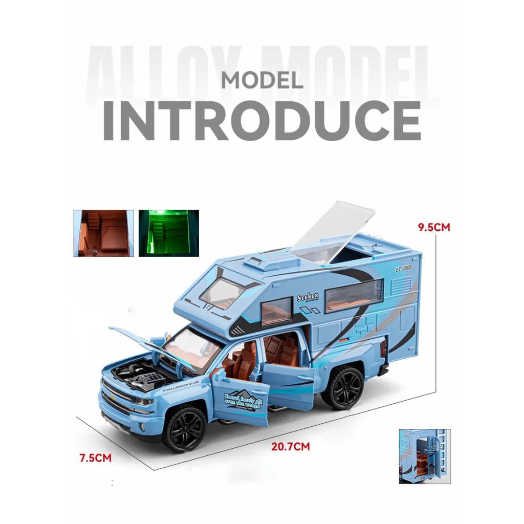 1/32 Chevrolet Silverado Pickup RV Recreational Vehicles Car Model Diecast Camper Van Motorhome Touring Car Model Sound Light Kid Toy Gift