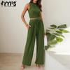 Women's Fashion Casual Summer Spring Solid Color Print Sleeveless O-Neck Trousers Pants Suits