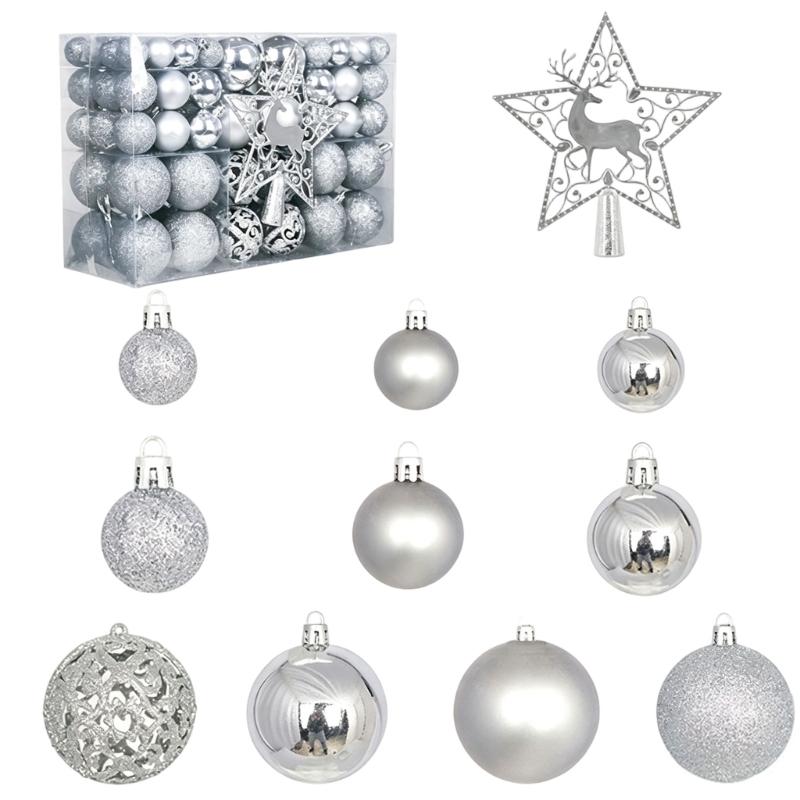 Plastic Christmas Tree Bauble Set, 101-Count Assortment with Mixed Finishes, Varied Ball Styles, and Cutout Star Toppers