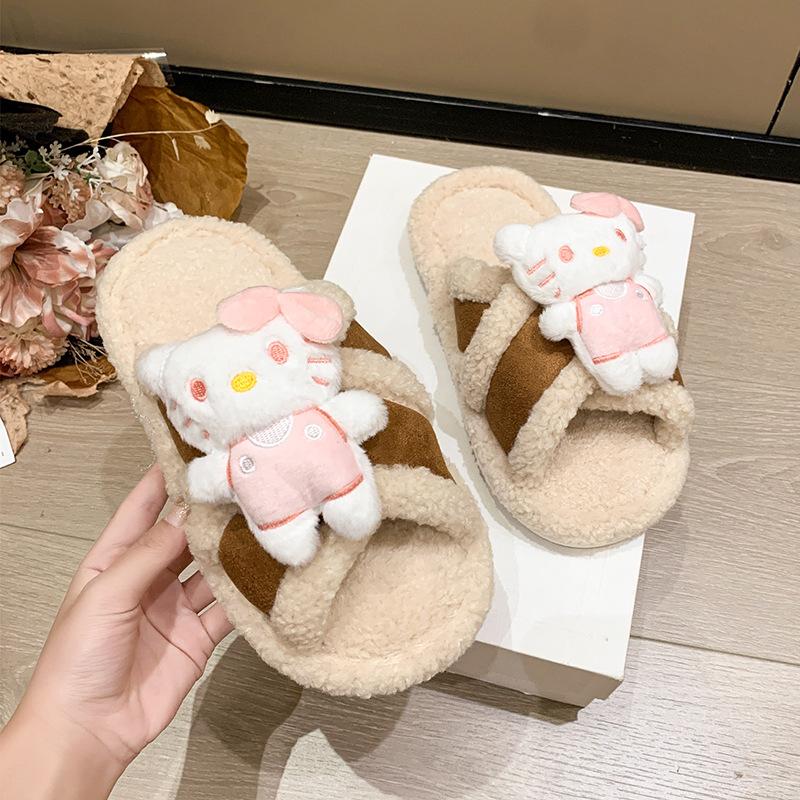 Cute Internet celebrity tide cartoon slippers women 2025 autumn and winter wear holiday non-slip home indoor wool cotton slippers