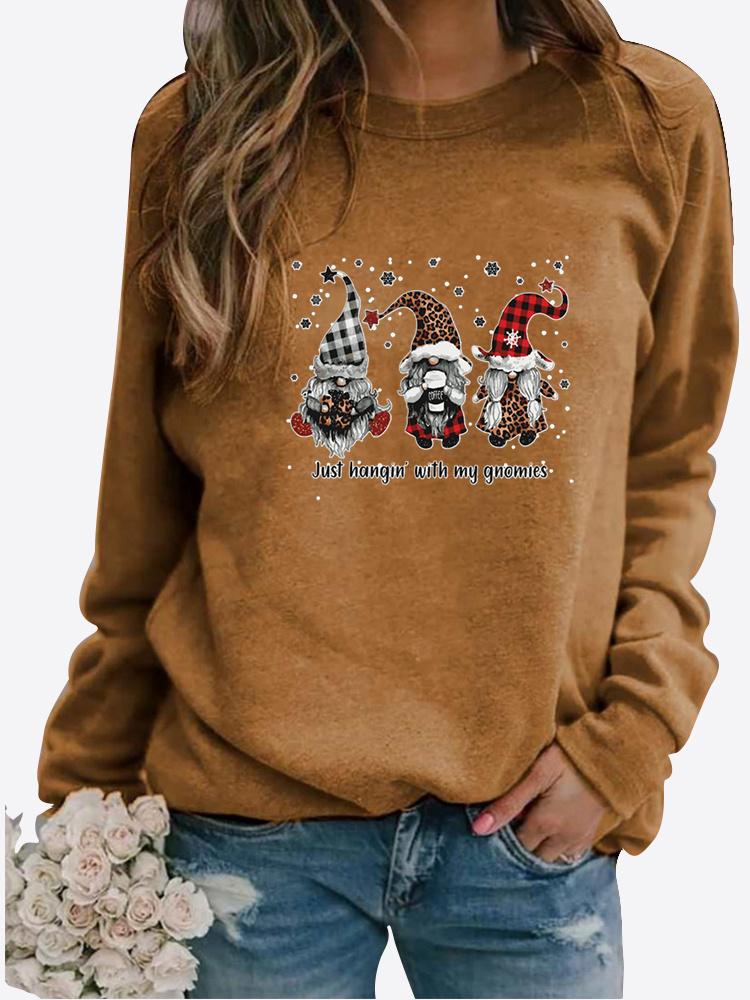Women's Christmas Present Autumn and Winter Round Neck Casual Fashion Solid Color Long Sleeve Print T-shirt Loose Blouse Tops