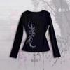 Retro Round Neck Slim Fit Personality Print Long Sleeve T-shirt for Women, European and American Style