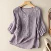 Camisa feminina gola redonda meia manga bordado padrão de flores tops cor sólida blusa fina retrô uso diário