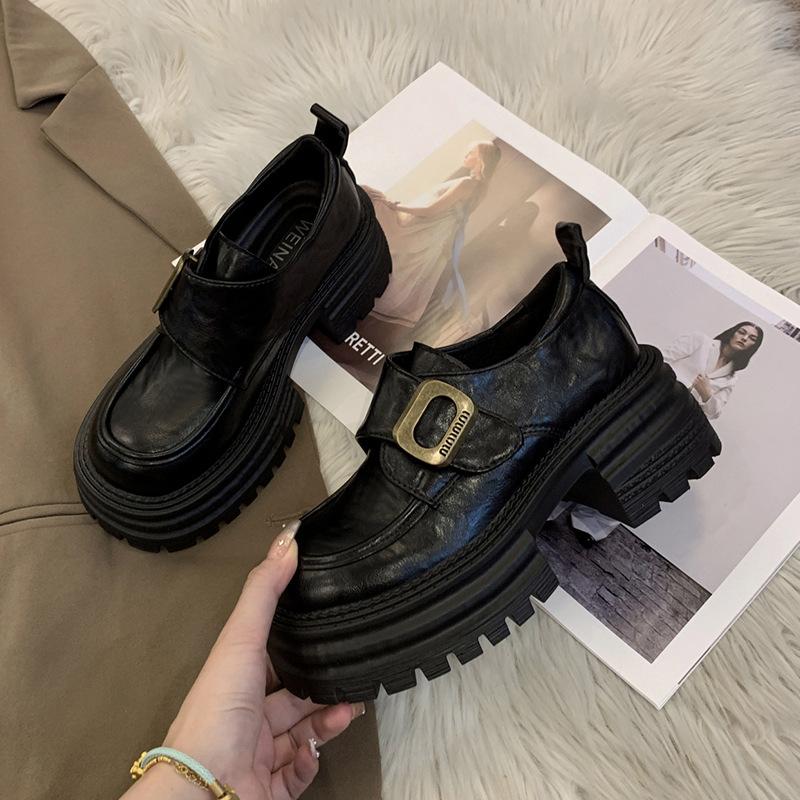 thick-soled thick-heeled British-style small leather shoes for women's 2025 new height-increasing jk women's shoes single shoes, black loafers for wo