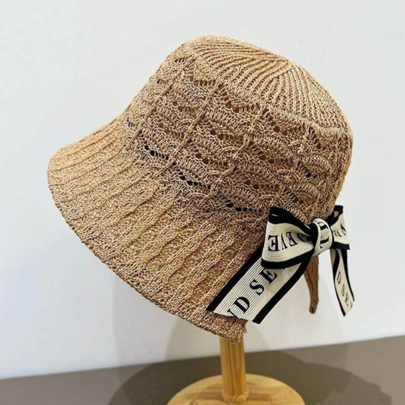 Korean Style Hollow Knit Women's Summer Bucket Hat - Sun Protection, Face Slimming, Hand-Knitted, Versatile.