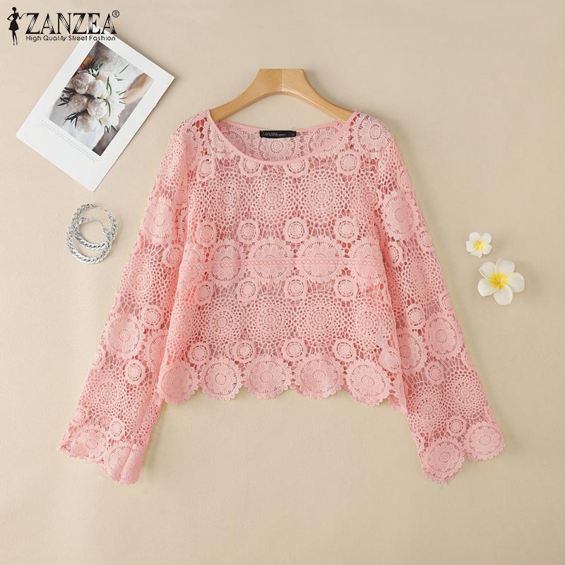ZANZEA Womens Summer Long Sleeve Hollow Out Lace Crochet Cover Up Blouse