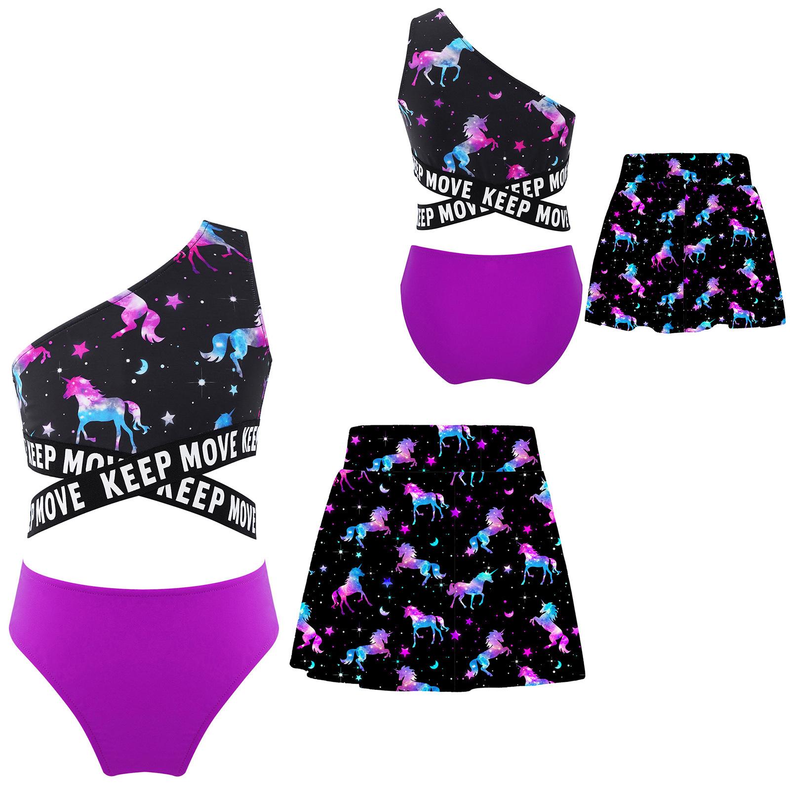 

Девочки 3 шт. Комплект для плавания На одно плечо Перекрест на талии Укороченный топ Плавки Юбка Пляжный Бассейн Купальник 5-6 Years фиолетовый