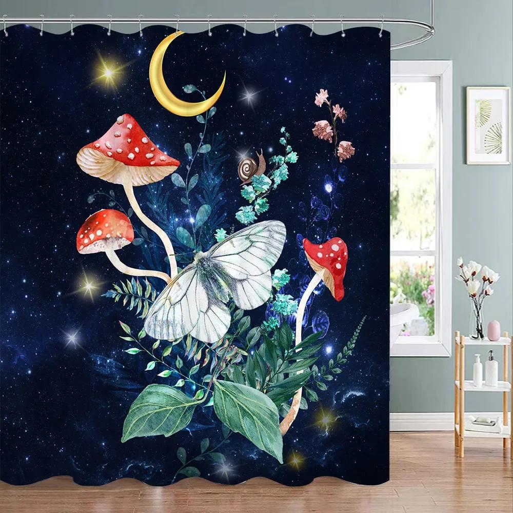 Mushroom Shower Curtain Retro Mushrooms Butterfly Floral Boho Moon Stars Botanical Wildflower Green Plant Aesthetic Bath Curtain