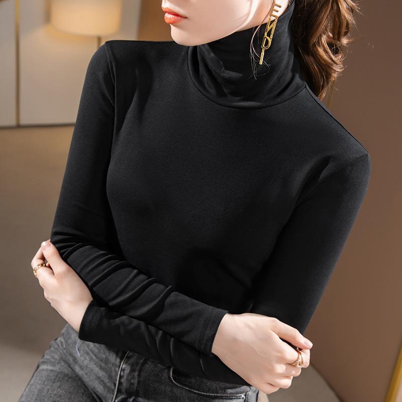 Turtleneck Bottoming Shirt Women's Autumn and Winter New Fashion Solid Color Long-sleeved T-shirt with Fleece Warm Inner Waist Top