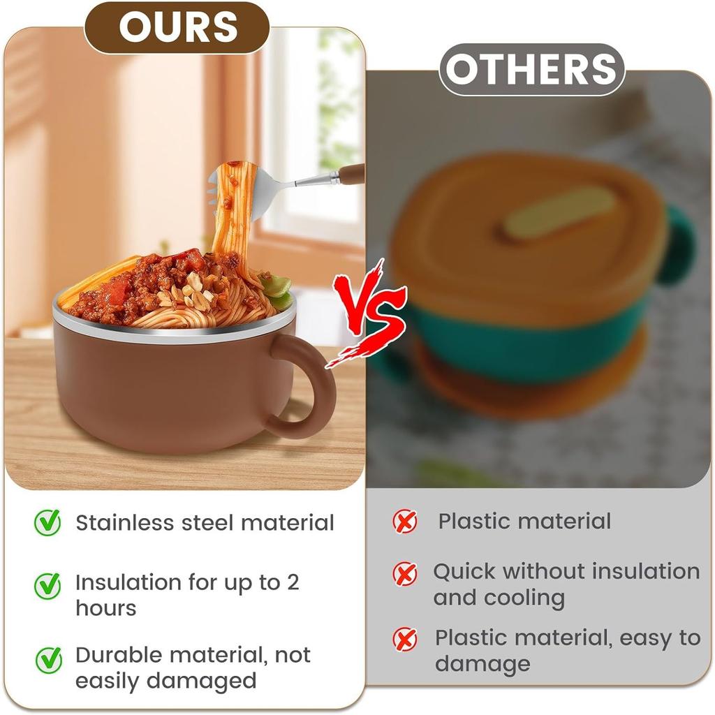 1200ml Ramen Bowl, Stainless Steel Noodle Bowls with Lid and Spork Heat Resistant Speedy Ramen Cooker Soup Bowl with Handles, Portable Pasta