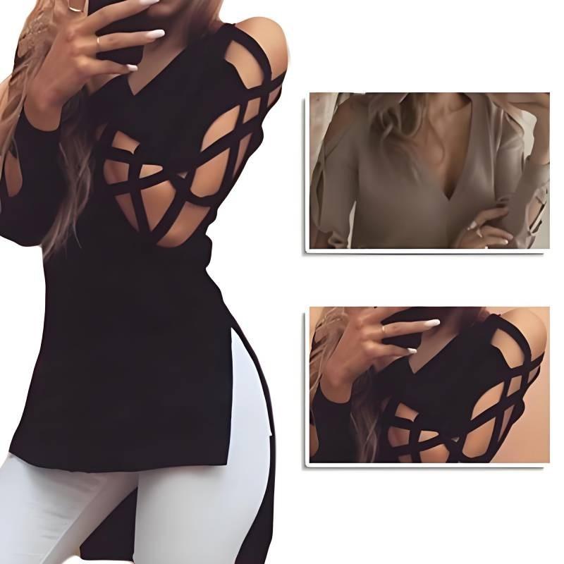 Stylish Black Casual V Neck Short Front Long Back Hollow Out T Shirt For Women