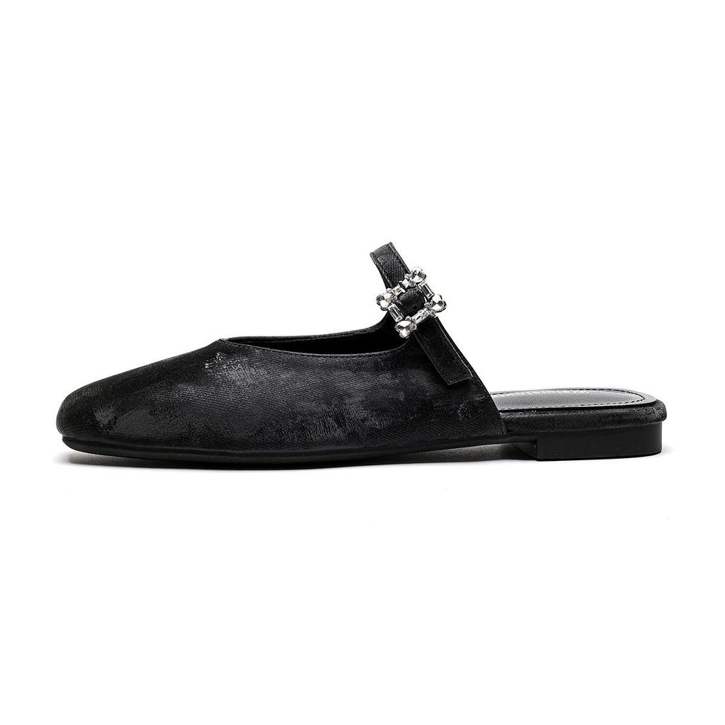 Grape Mom French Square Toe Diamond Buckle Low Heel Pointed Toe Mule Slippers for Women