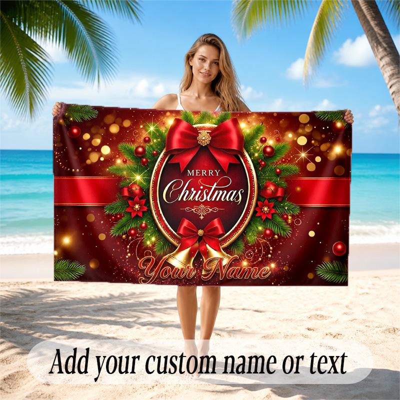 Christmas Theme Quick Dry Beach Towel Custom Name Text Print Large Sand Resistant Towel Beach Vacation