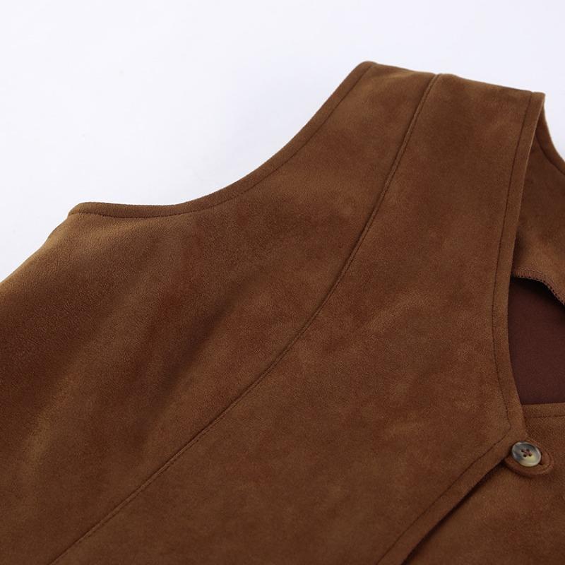 Damen S Brauner Wildlederweste V-Ausschnitt Knöpfe Lässig Streetstyle