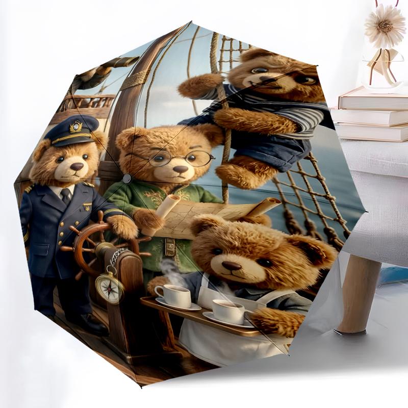 1pc Sturdy 8-Bone Auto Umbrella, Bear Umbrella, Digital Printed, Foldable Umbrella for On-the-Go Outdoor Use