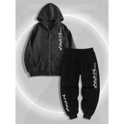 Fashionable Text Pattern Printed Men's Zipper Hooded Sweatshirt Jogging Pants Set, with Comfortable and Soft Fabric