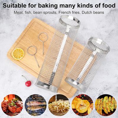 Rolling BBQ Grilling Basket Stainless Steel Non-Stick Portable Outdoor Camping Grill Rack for Vegetables Meat Fish Fries