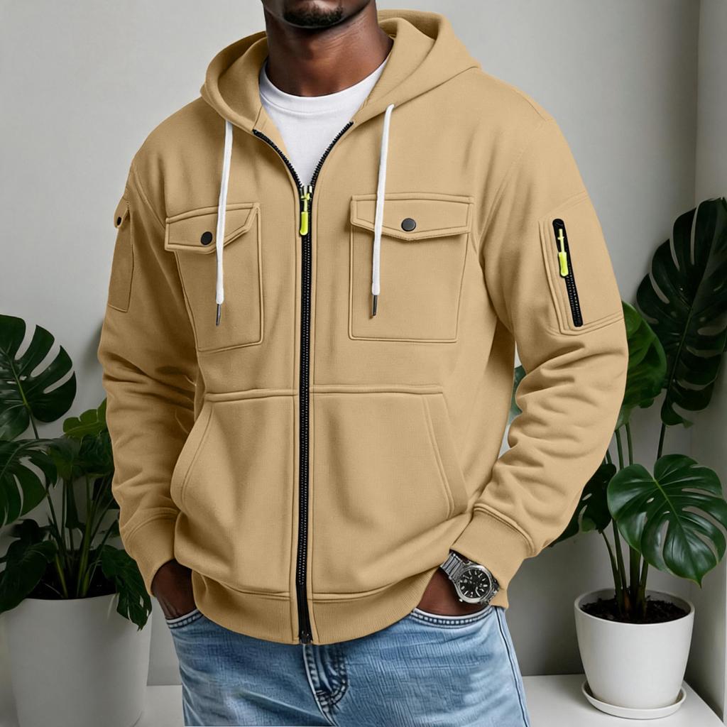 Men's Casual Multi-Pocket Zip Hoodie, Outdoor Cargo Jacket for Sports and Daily Wear