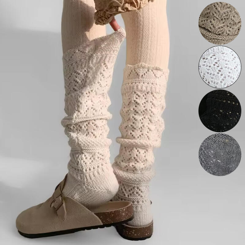 Drangche Punching Crochet Knit Long Socks gray