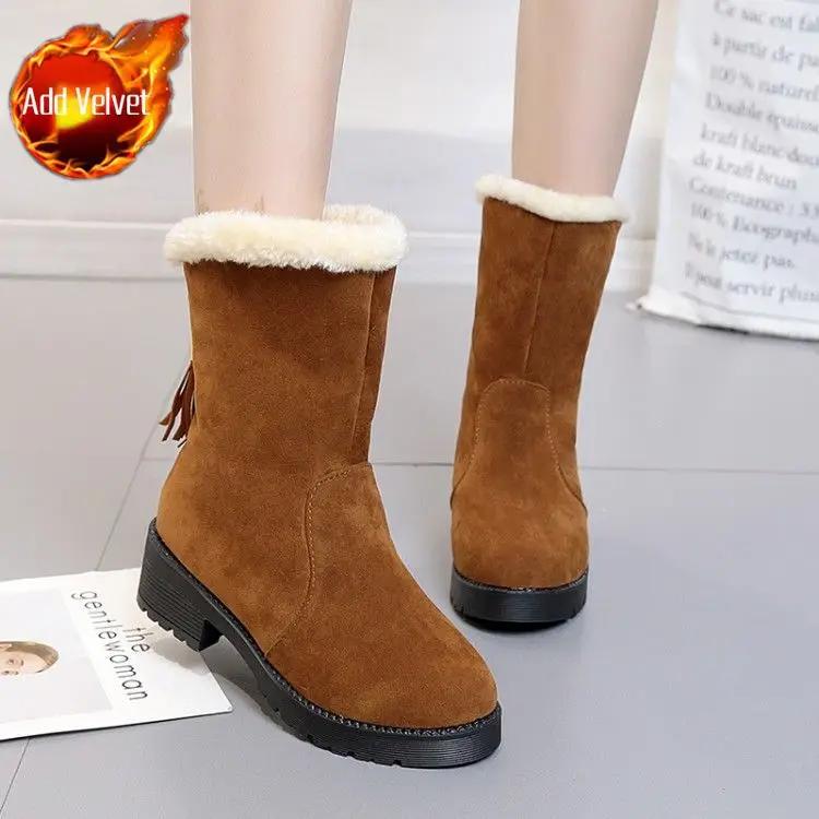 Fashion Elegant With Low Heels Mid Calf Half High Plus Warm Snow Boots for Women Fashion No Slipery New Rock on Slip Chic Pu Woman Shoes
