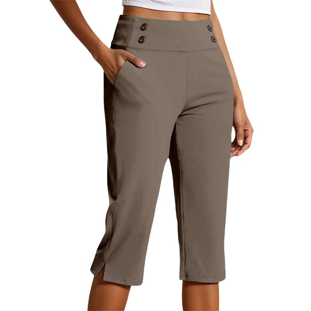 Women High Waist Capri Pants with Pockets Split Hem Casual Sport Fitness Yoga Cropped Pants for Activewear