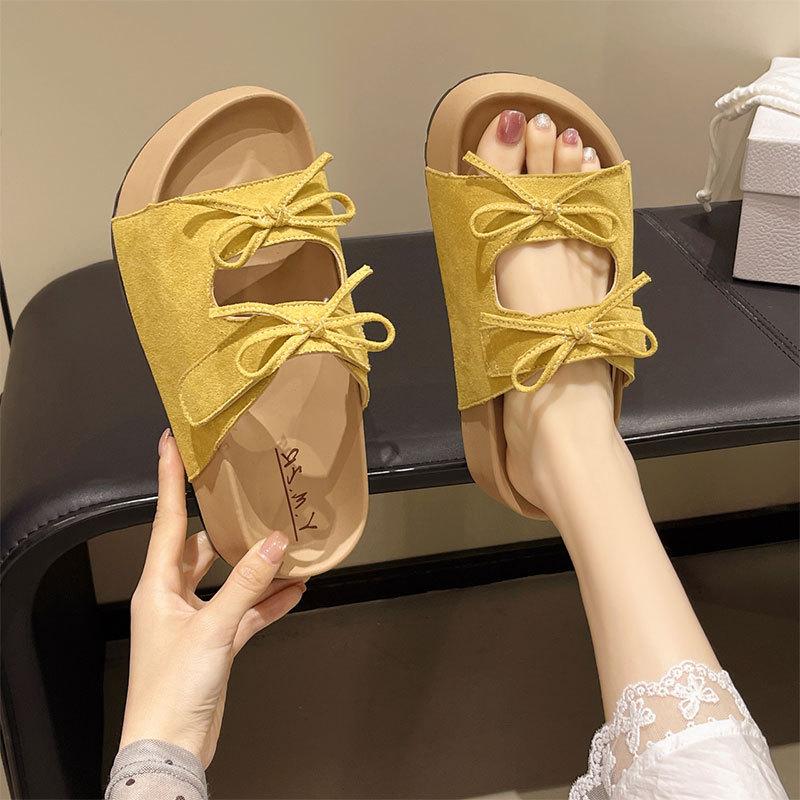 Thick-bottomed cool slippers women's summer outer wear 2025 new soft-bottomed slippers with skirts fairy French bow one-word slippers