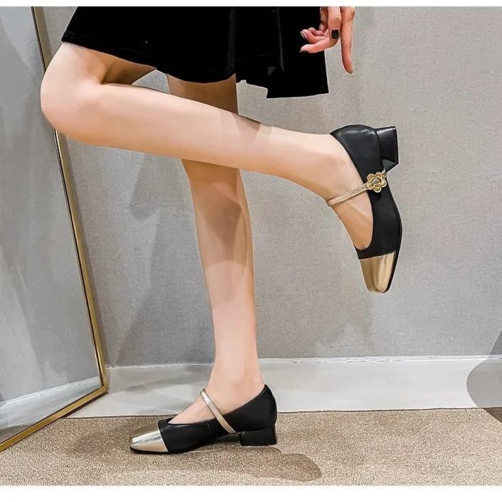 Women Coarse Heel Light Mouth Single Shoe New Soft Leather French Height Heel Mary Jane Sneakers Female Shoes