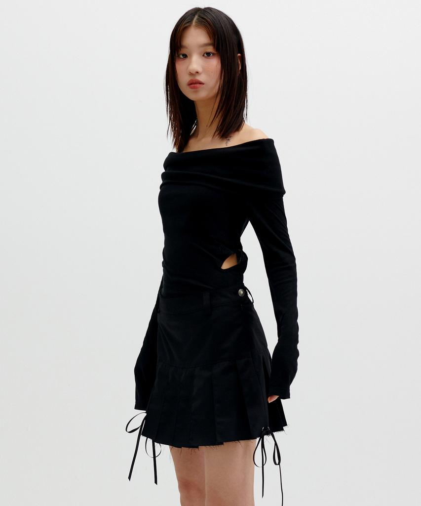 Leoninghai Cut-Off Pleated Mini Skirt [Black]