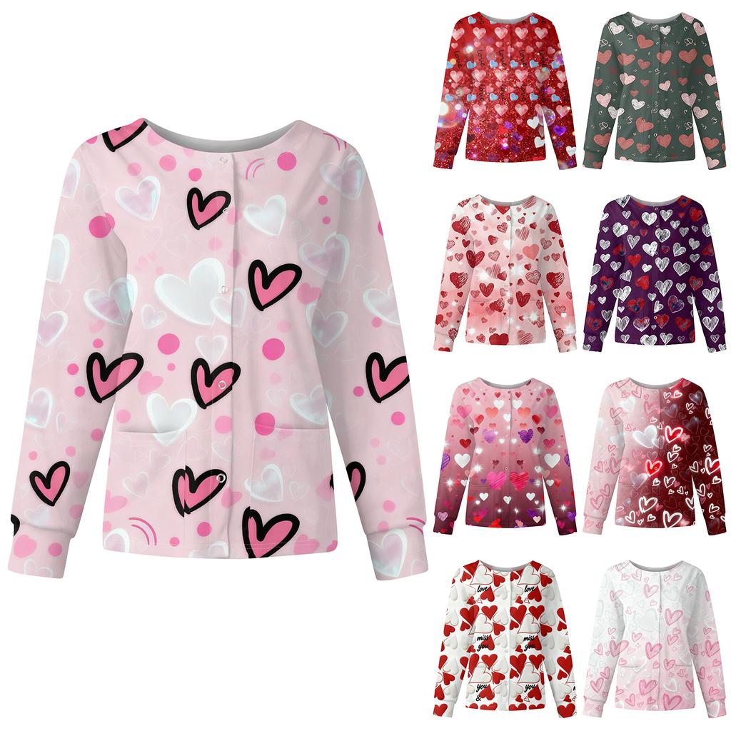 Women's Casual Fashion Long Sleeve Standing Collar Single Breasted Valentine's Day Print Workwear Jacket Tops