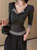 Women's Striped Patchwork Faux Two-Piece Long-Sleeve Shirt - 2025 Autumn Korean Style Slimming Base Layer
