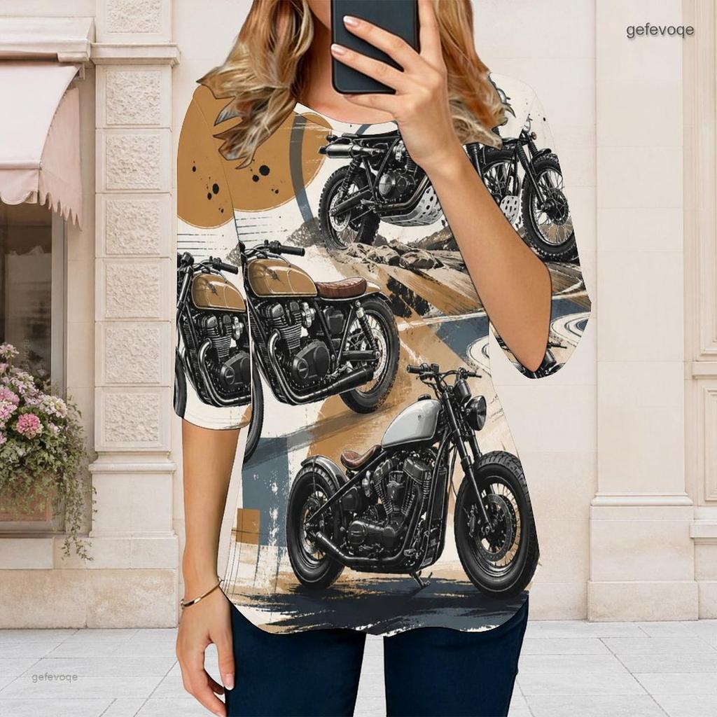 Women Plus Size Round Neck 3 4 Sleeve T Shirt Cartoon Construction Vehicle Printed Curved Hem Top