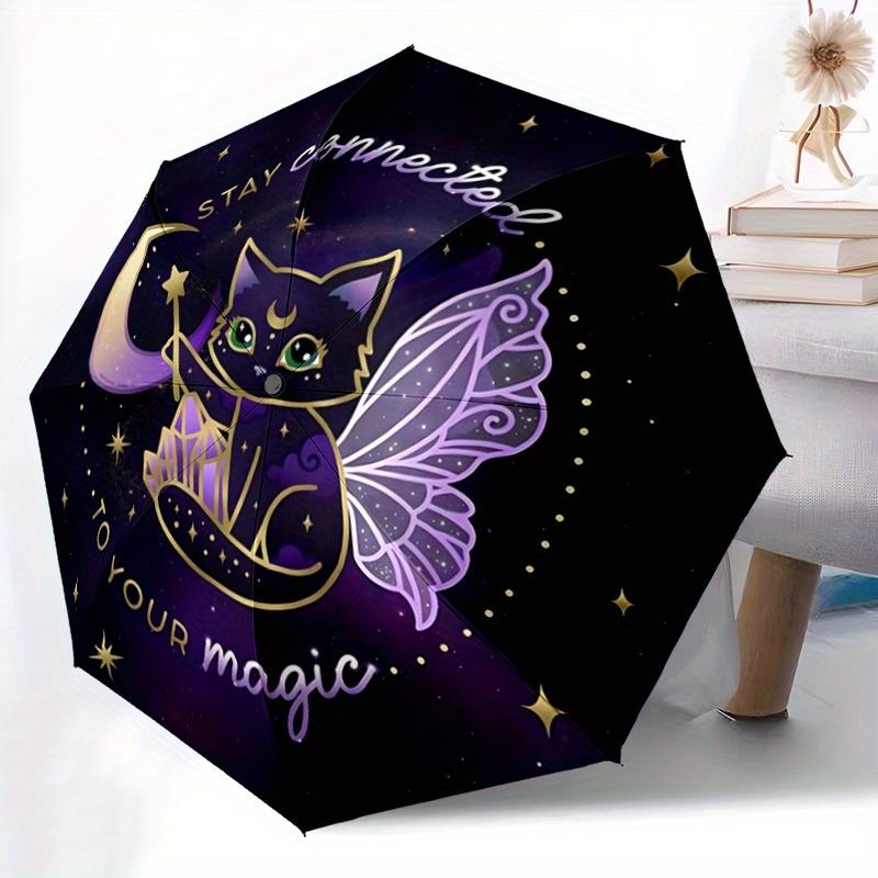 1pc Stay Connected To Your Magic Crystal Cat Design Durable Cartoon Folding Umbrella, Portable 3-Fold Compact Umbrella for Men and Women, Suitabl