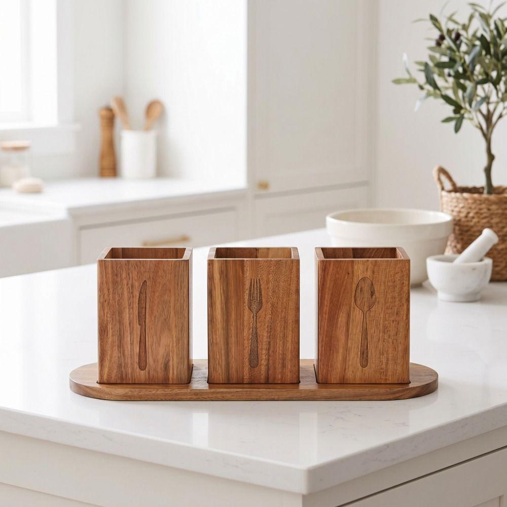 Space Saving 3 Compartment Cutlery Holder Wooden Flatware Organizer  Farmhouse