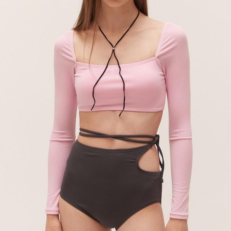 

Раздельный купальник с высокой талией и вырезами: Корейское бикини 2024 для похудения и покрытия M розовый