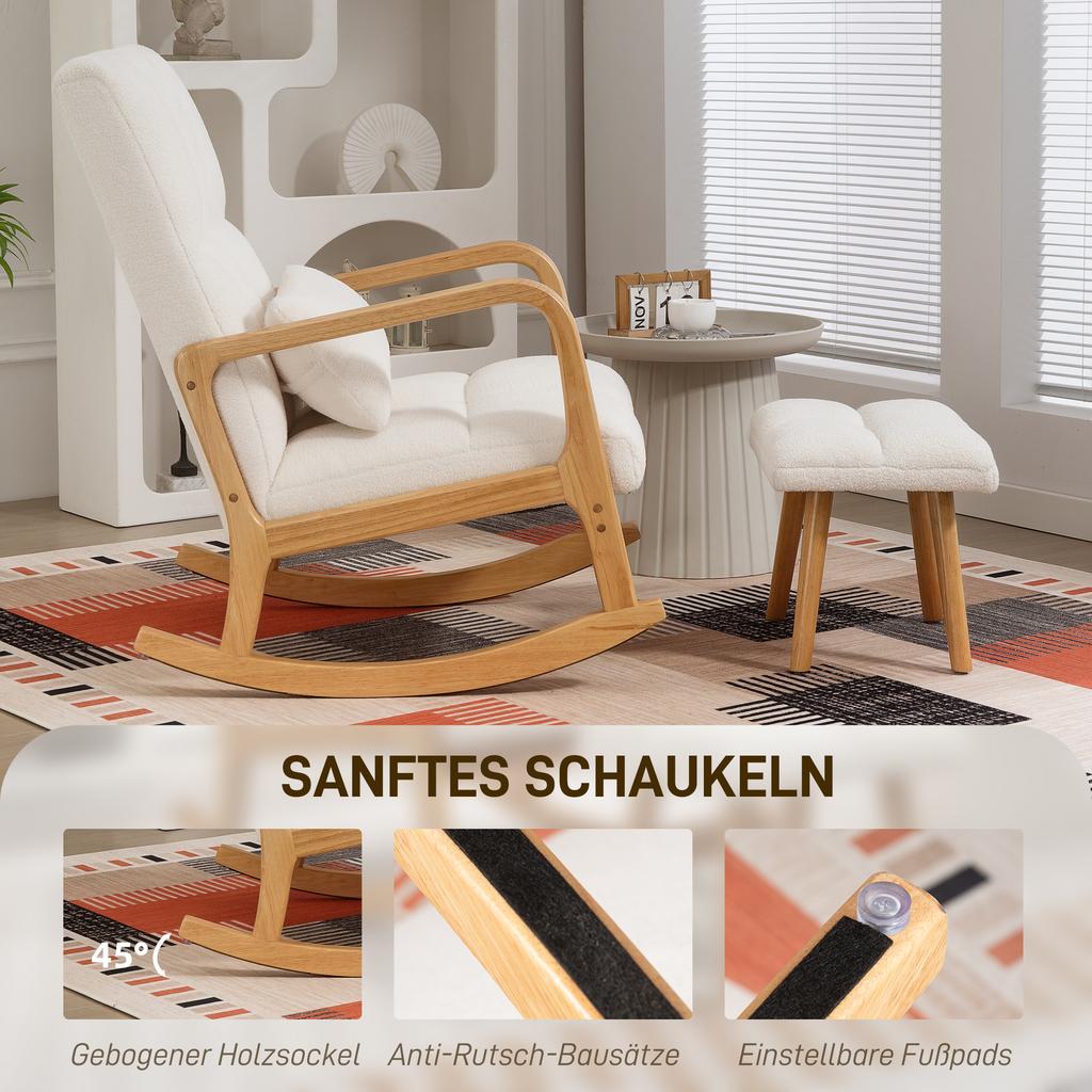 Rocking Chair with Footstool, Fleece Cover, High Backrest, Wooden Legs, Foot Pads, White