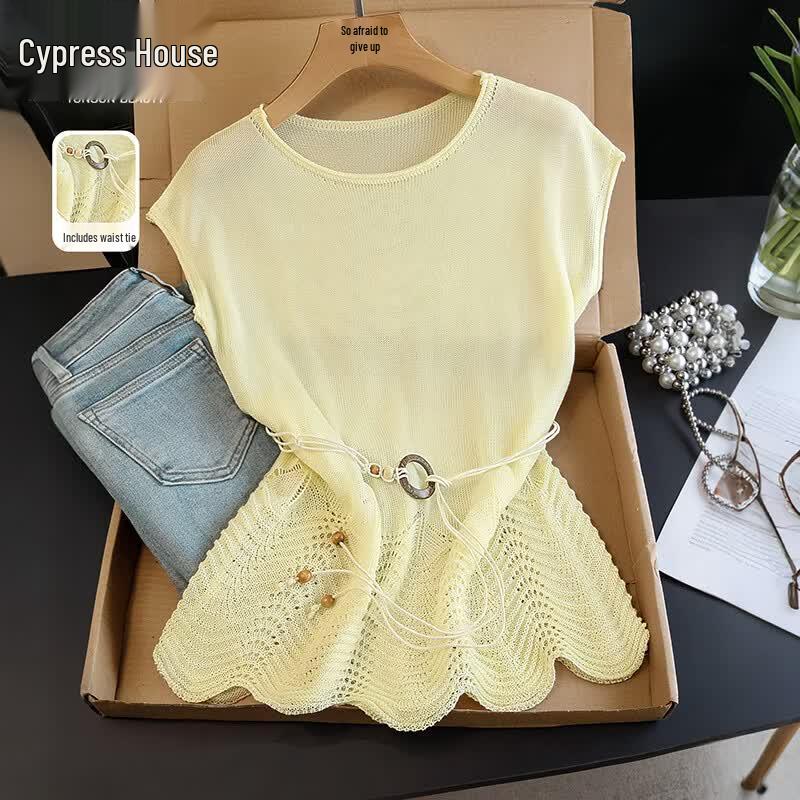 Women s Sleeveless Round Neck Hollow Knit Top One Size