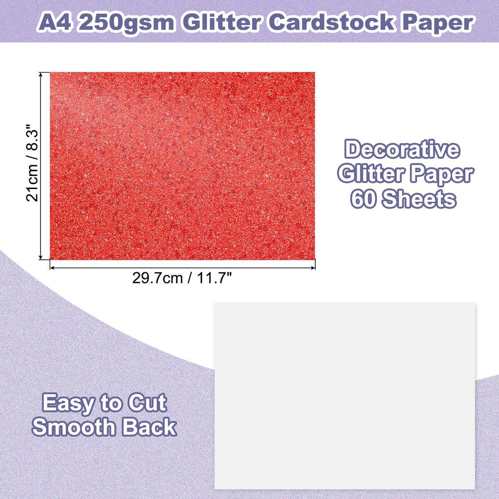 60Sheets Glitter Cardstock A4 Glitter Paper Card Stock Shiny Scrapbook 250gsm Sparkly Paper Large Shimmer for Scrapbook DIY Art