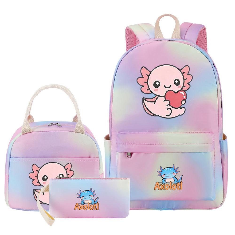 3Pcs Axolotl Backpack for Girls Teen, School Bag with Lunch Box & Pencil Case, Kids Student Daypack, Mochila Back To School Gift