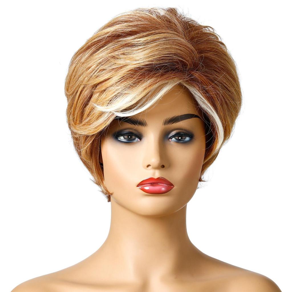 Ladies Short Brown Blonde Synthetic Wig Hairstyle Curly Wig With Bang For Women Daily Use Heat Resistant Fiber