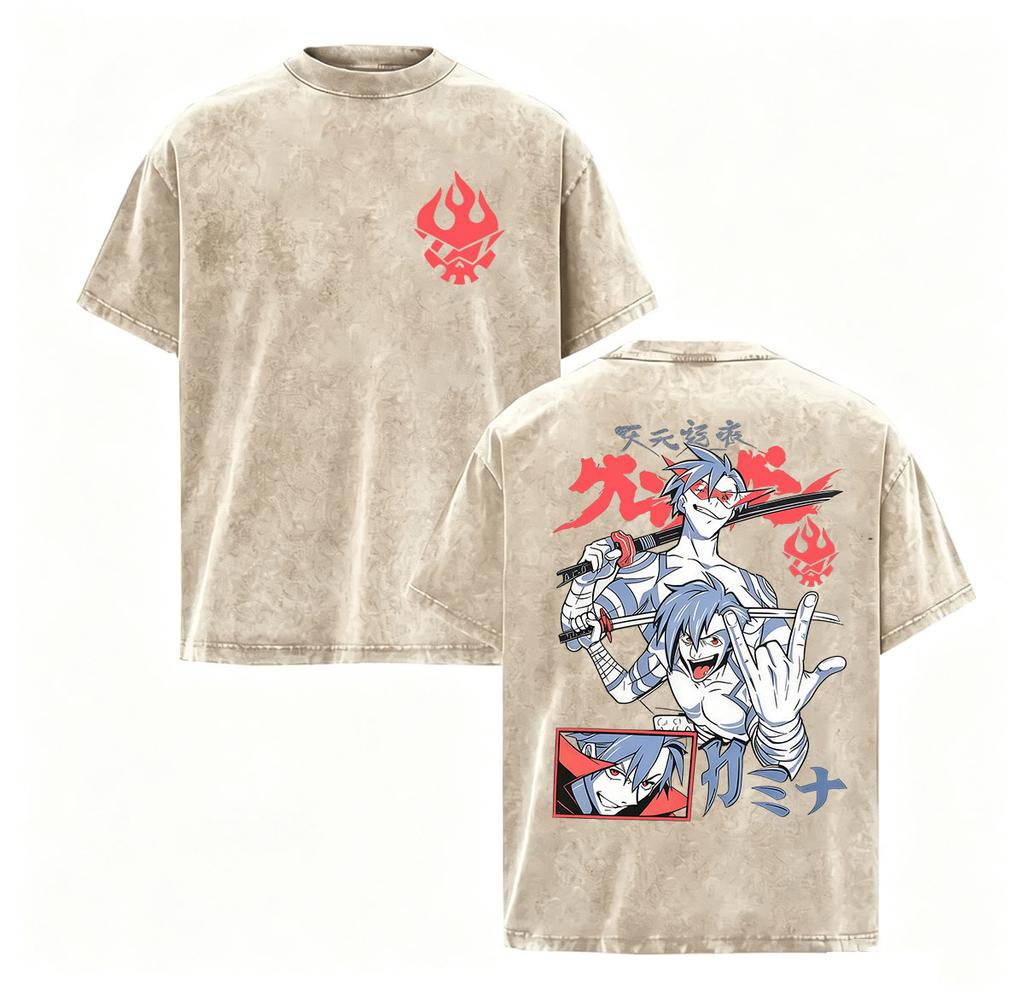 Vintage Washed Anime Tengen Toppa Gurren Lagann Graphic T Shirt Unisexs Oversized Harajuku Fashion Short Sleeve Tshirt Streetwear