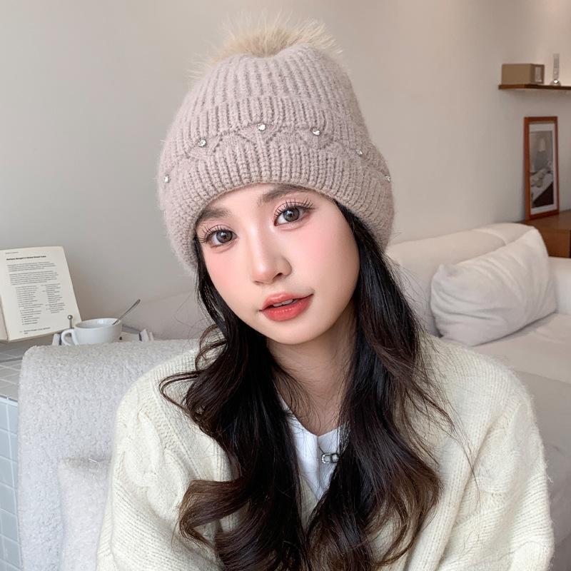 Korean versatile rabbit hair bright diamond knitted wool hat autumn and winter windproof ear protection hat casual big head circumference bag head hat