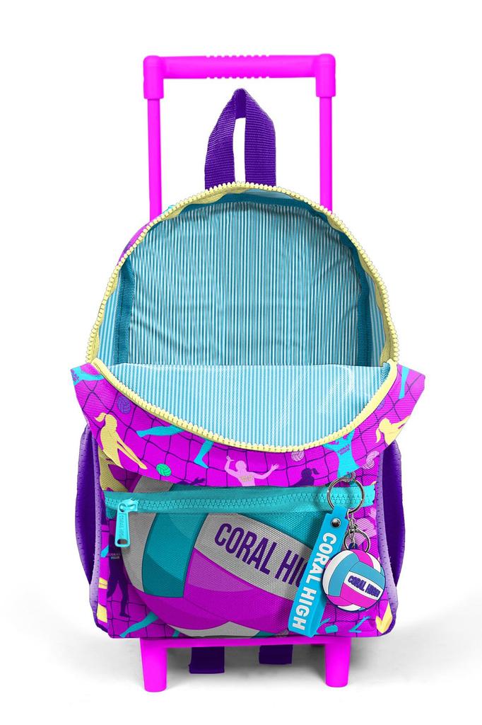 Minik Yuva Cestovní batoh s kolečky Růžovo-fialový s volejbalovým vzorem Dvoukomorový 24061