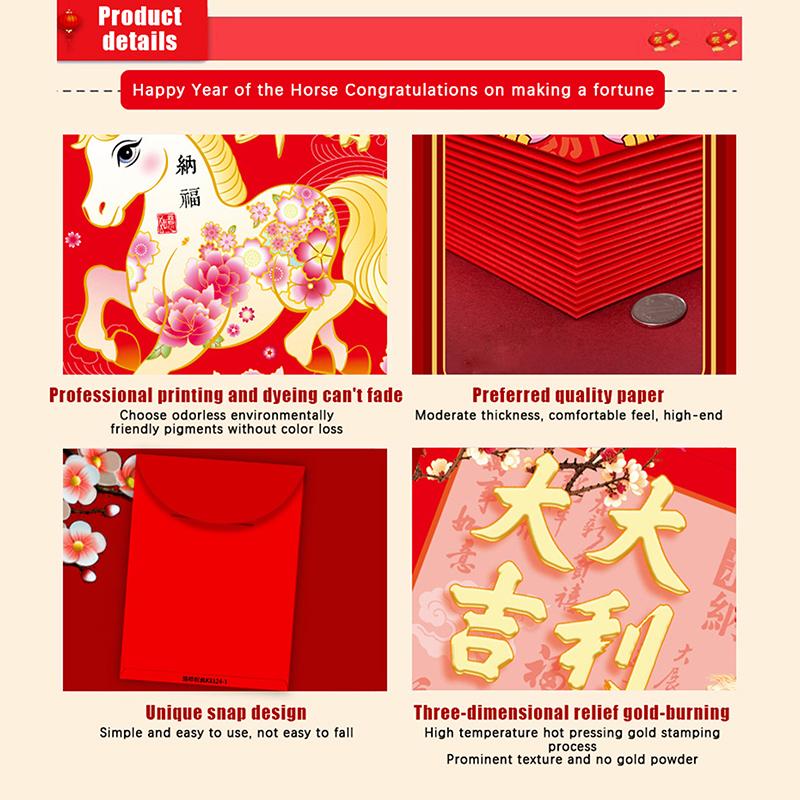6 stk Kinesisk nyttår pengekonvolutt Lykkebringende røde lommer 2026 Hestens år Rød konvolutt Vårfestival Bryllup Bursdag Konvolutt