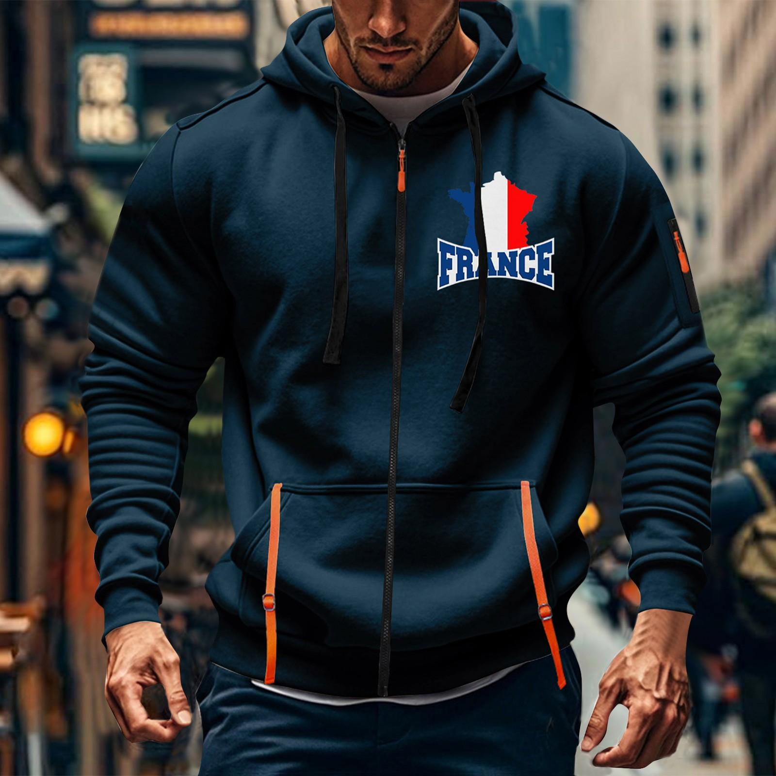 

ФРАНЦИЯ Мужская спортивная повседневная толстовка с капюшоном, кардиган с капюшоном на молнии и множеством карманов, пальто с капюшоном XXXL тёмно-синий