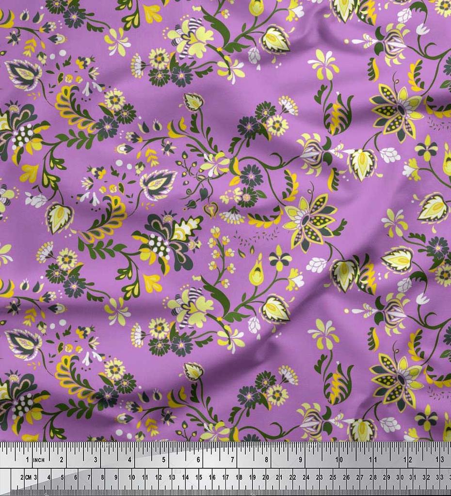 Soimoi Japan Crepe Satin Fabric Leaves & Floral Artistic Decor Fabric Printed Metre 42 Inch